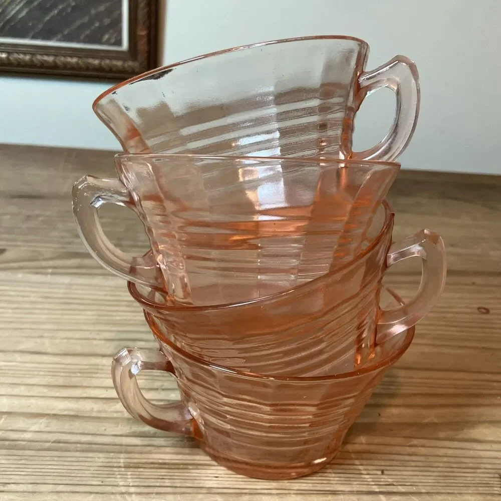 Vintage Pink Rings Depression Glass Cup Mugs Set Of 4 Art Deco Optic Design